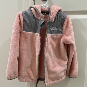Toddler girls blush pink The North Face furry jacket.
